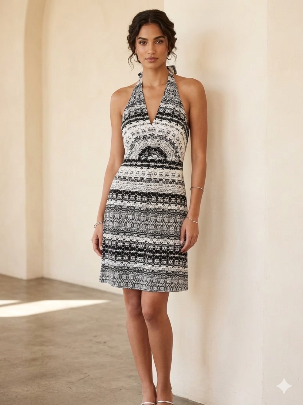 Dakini Black and White Patterned Halter Dress with Built in Bra